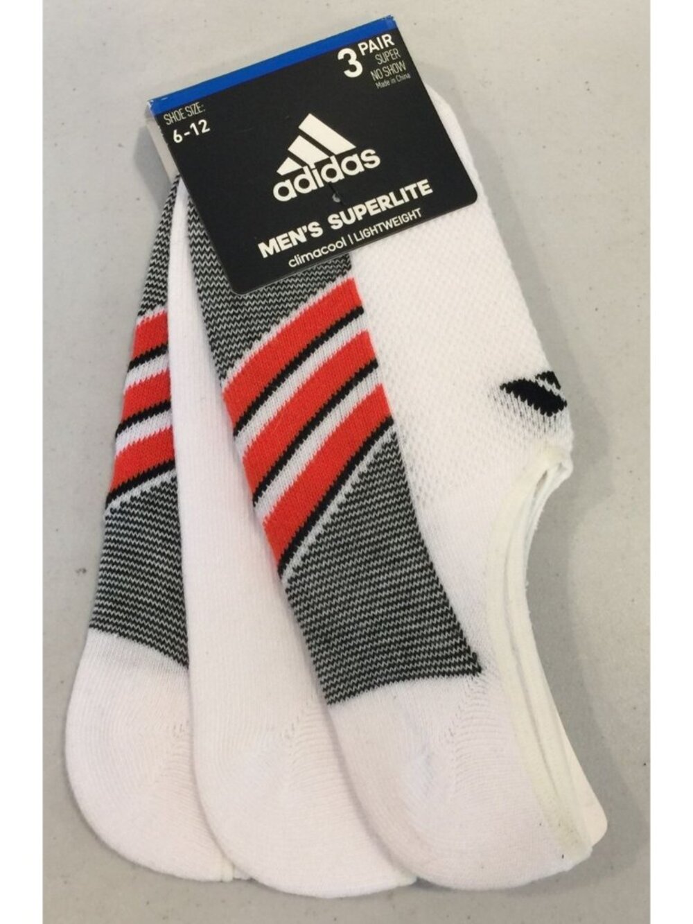 adidas Men's 6-12 Superlite Super No Show Set of 3 Lightweight White Black Rust
